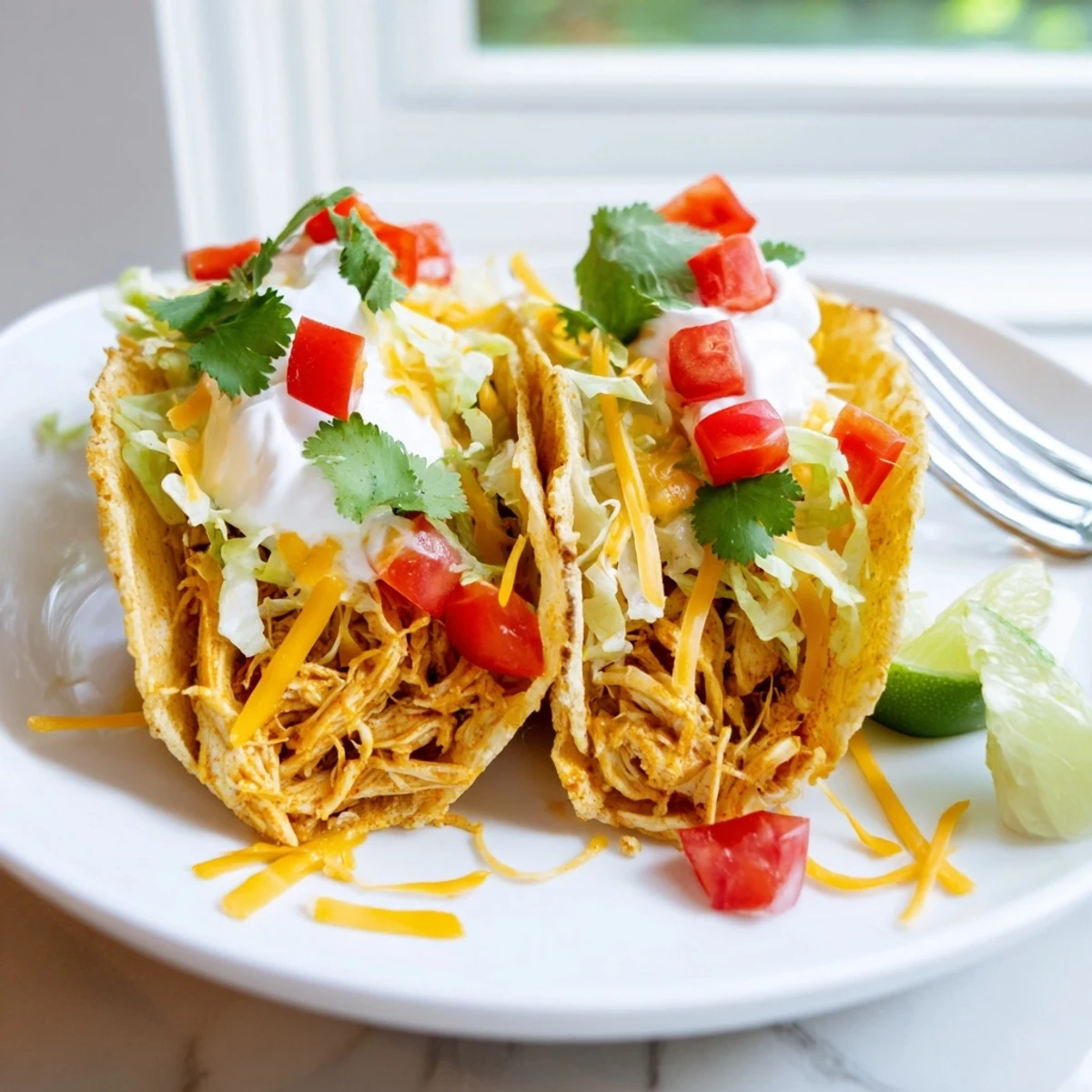 Warm tortillas overflowing with tender slow cooker ranch chicken tacos and diced tomatoes