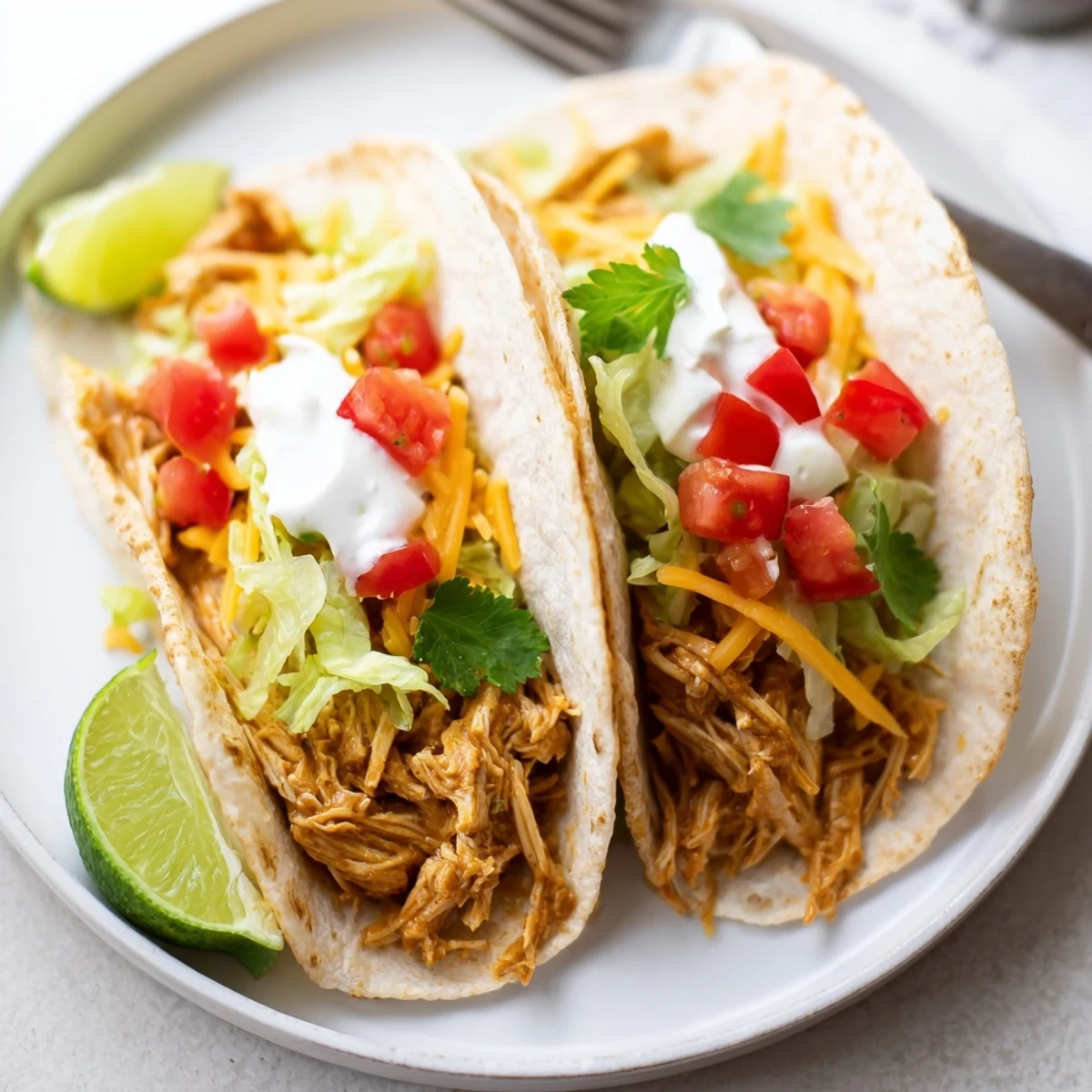Crispy lettuce and sour cream garnish these saucy slow cooker ranch chicken tacos