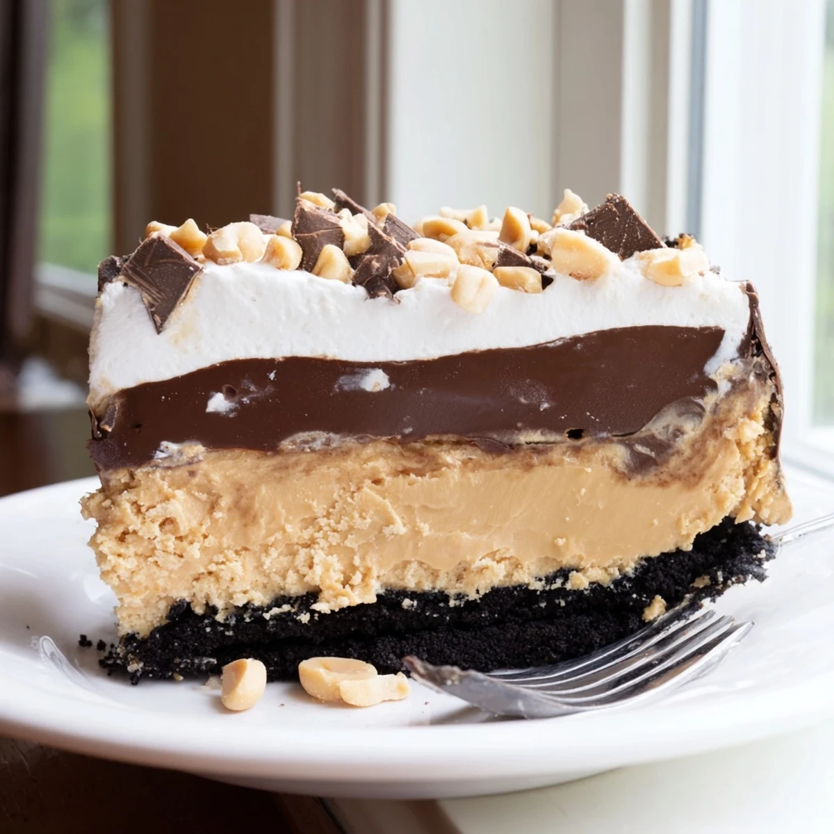 Creamy peanut butter layered delight with rich chocolate ganache and crunchy cookie crust