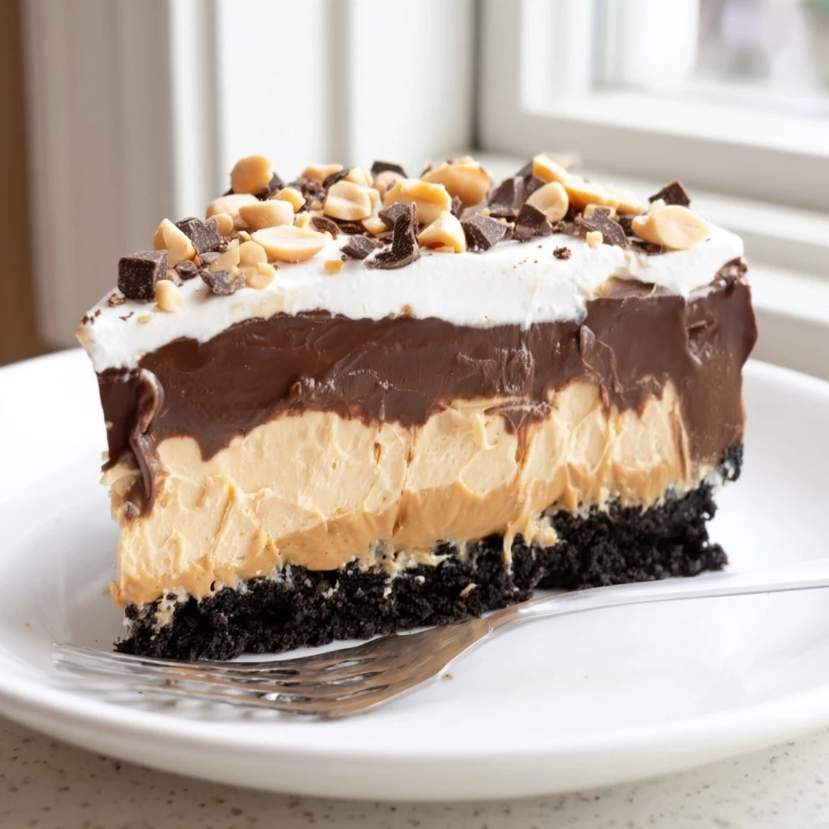 Velvety peanut butter layered delight showcasing indulgent chocolate and peanut butter stripes