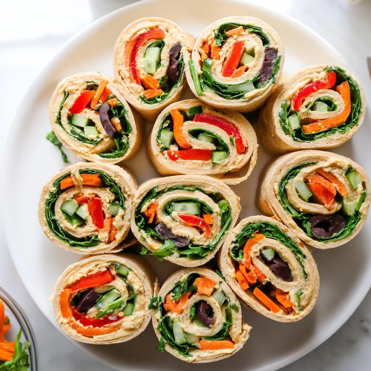 Colorful vegan picnic hummus veggie pinwheels sliced to reveal crisp vegetables and creamy filling