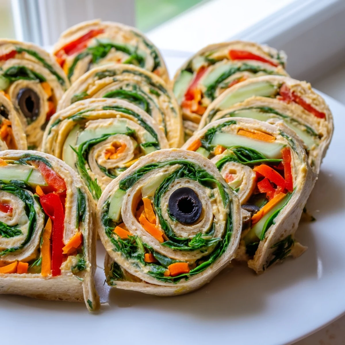 Vegan picnic hummus veggie pinwheels arranged on a platter with fresh herbs and bright produce
