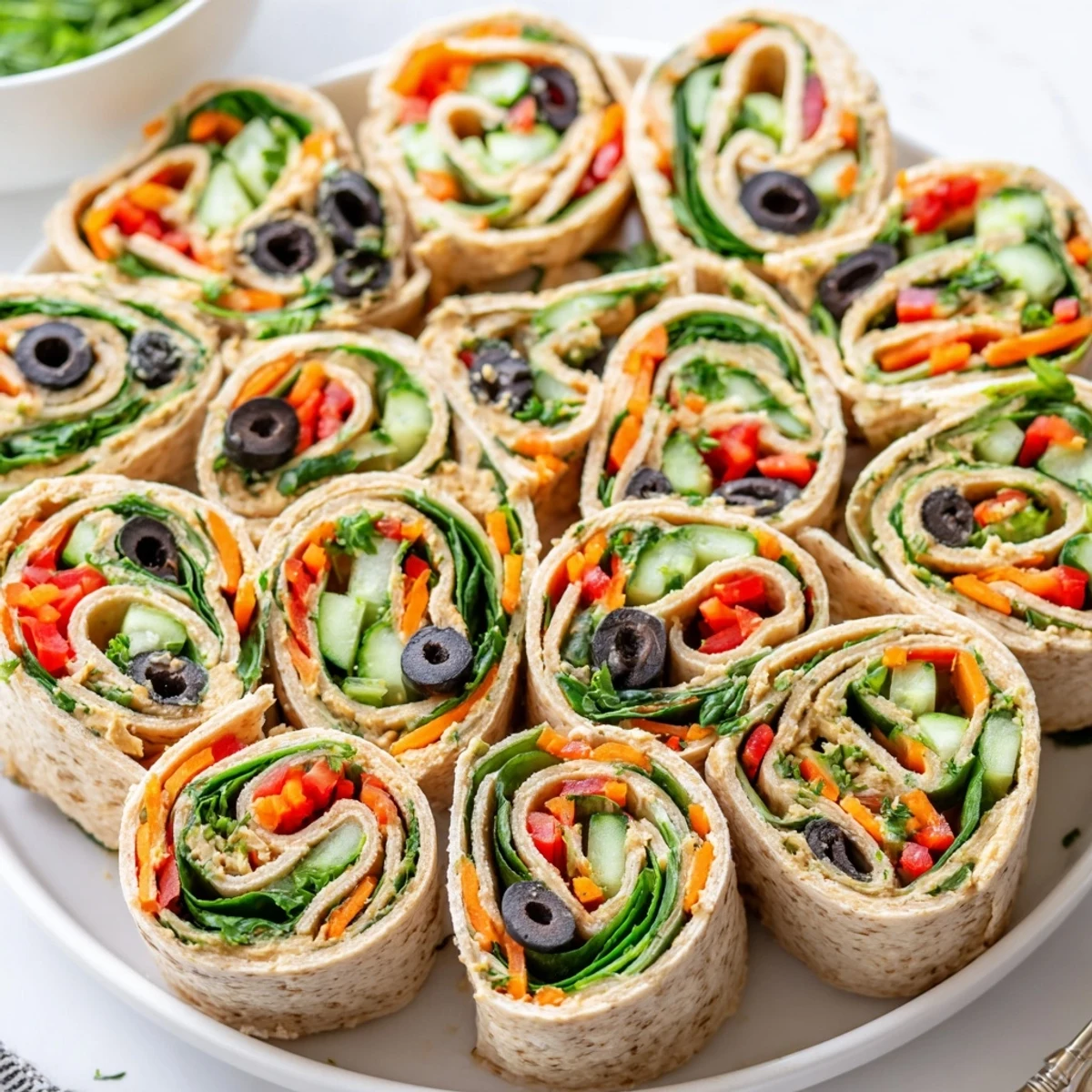 Spirals of vegan picnic hummus veggie pinwheels showing layers of spinach carrot and bell pepper