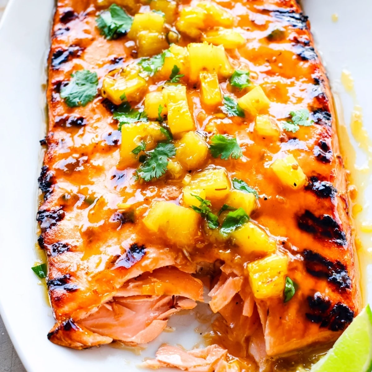Glistening honey pineapple glazed salmon fillets on a baking tray, brushed with golden sauce