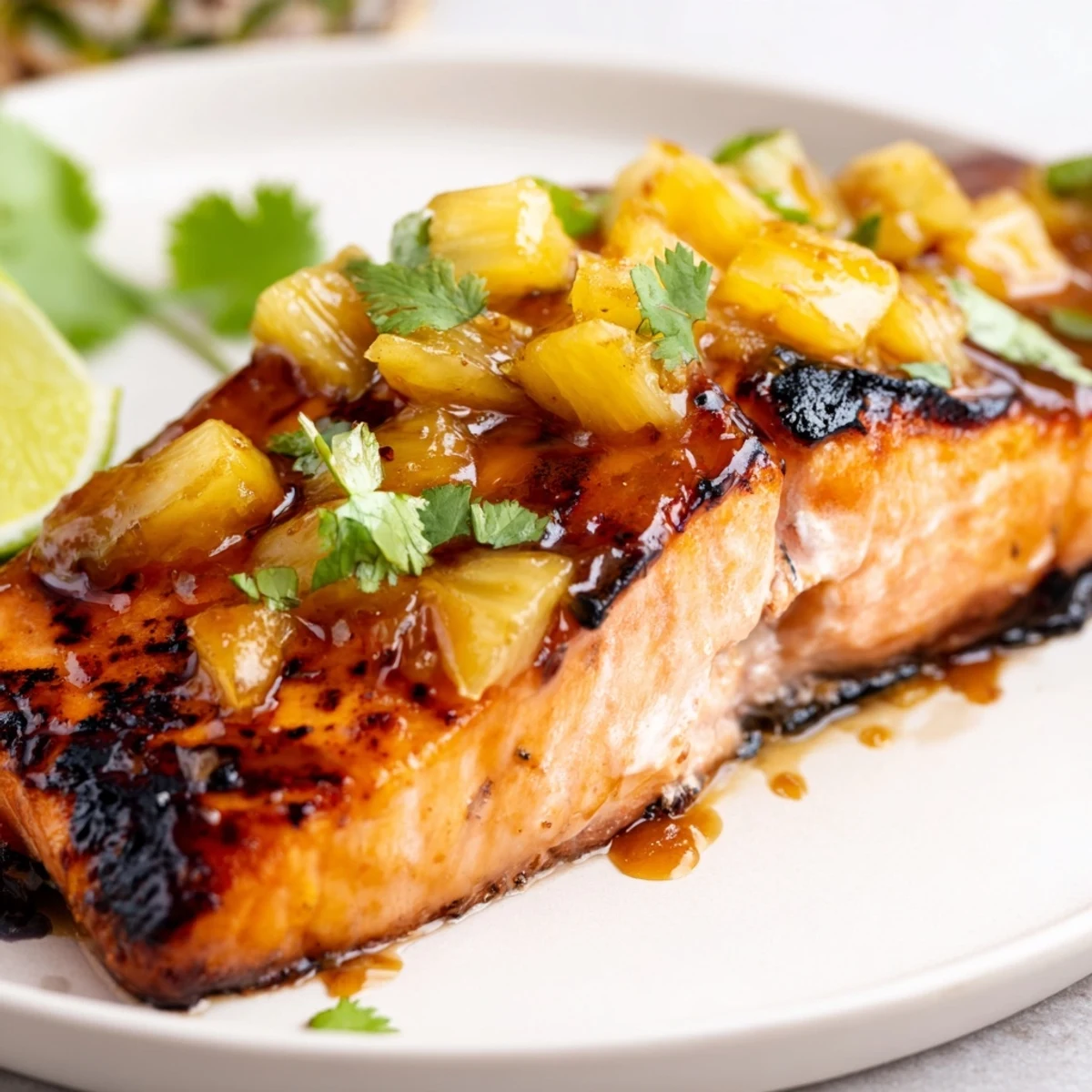 Caramelized honey pineapple glazed salmon topped with diced fruit and fresh green onions
