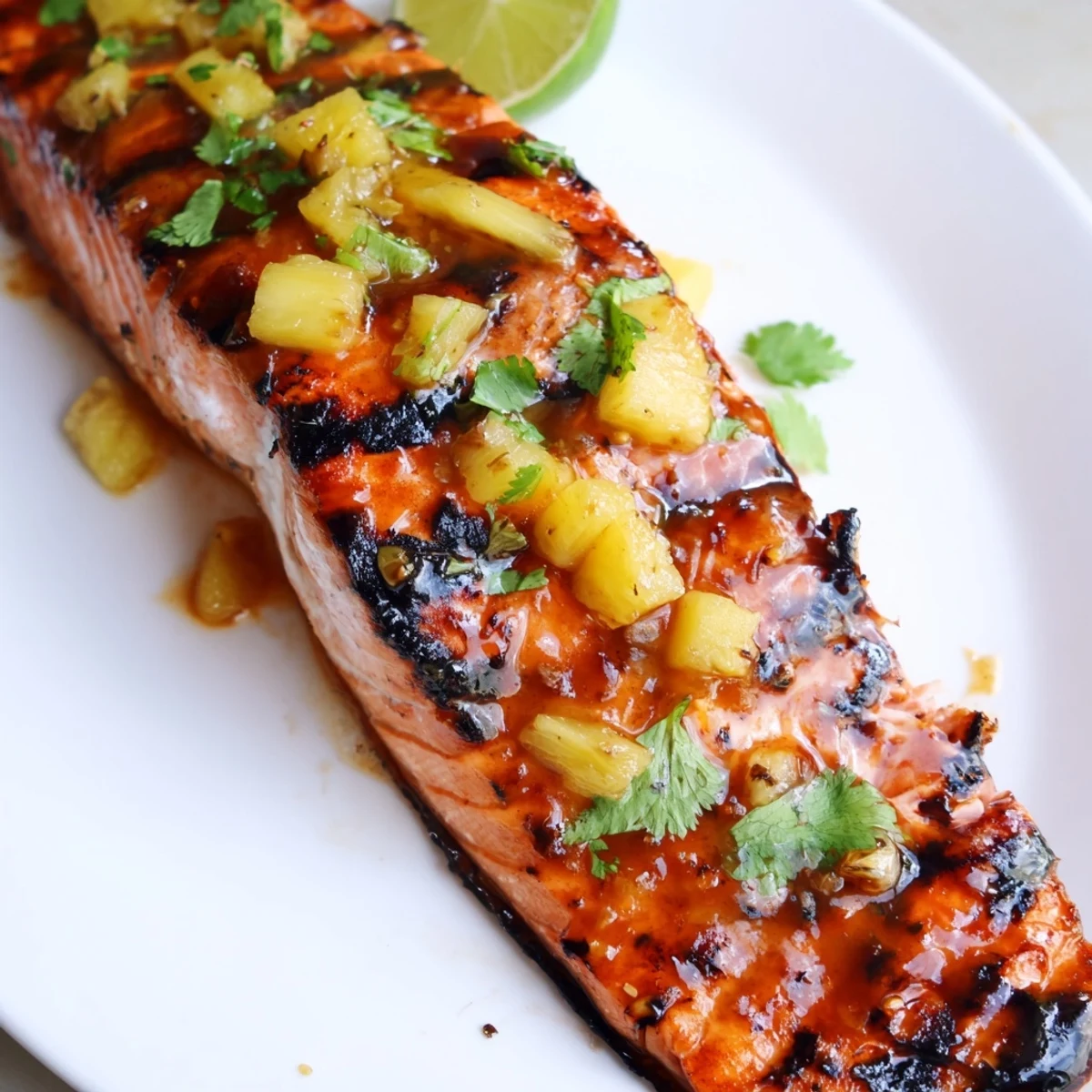 Juicy honey pineapple glazed salmon plated over white rice with a tangy sticky glaze