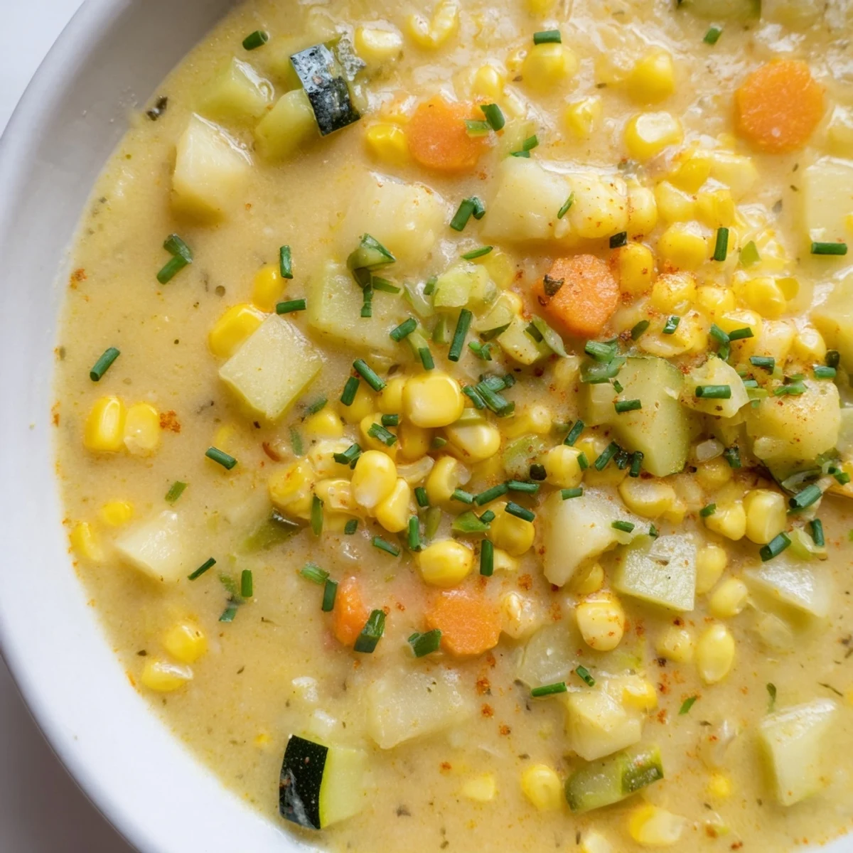 Creamy summer corn zucchini chowder topped with fresh chives in a rustic bowl