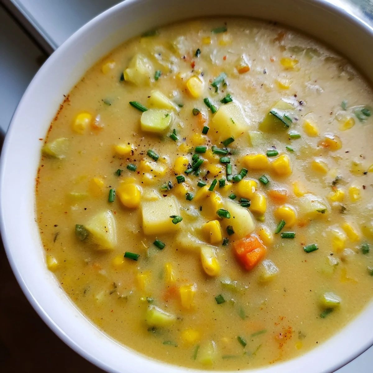 Golden chunks of potatoes and sweet corn fill this summer corn zucchini chowder
