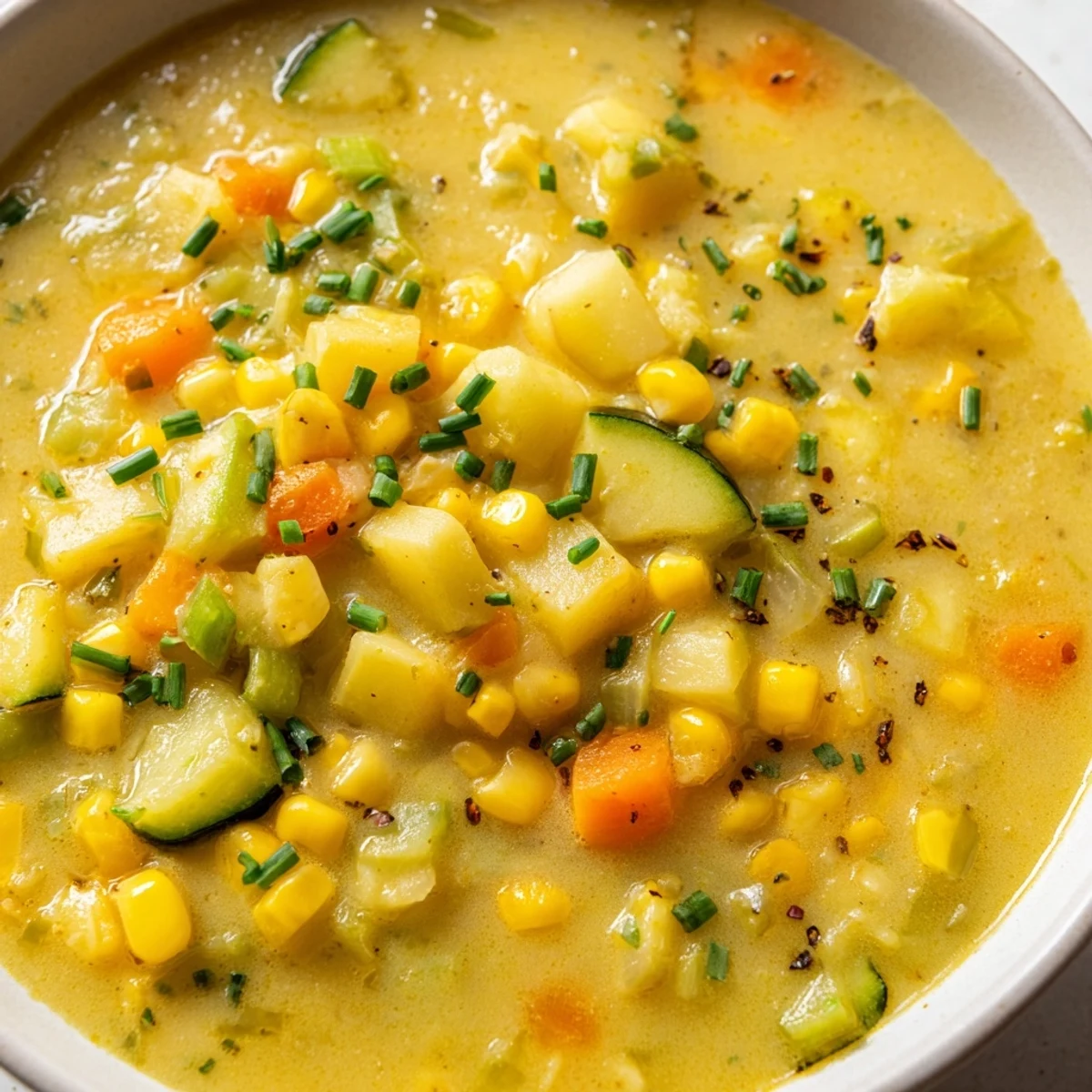 Steaming ladle of summer corn zucchini chowder served with crusty bread alongside