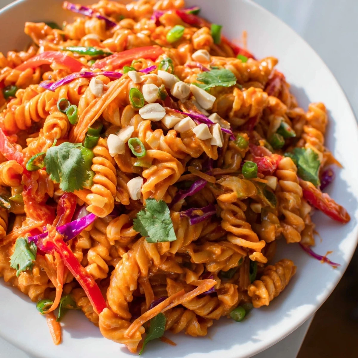 Spicy Thai Pasta Salad tossed with crisp vegetables and creamy peanut dressing