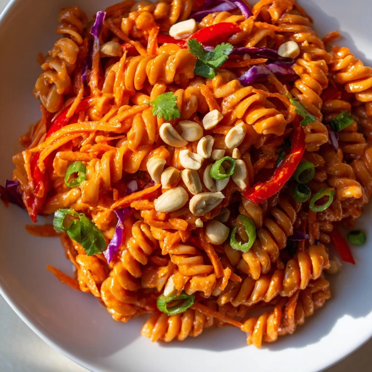Colorful Spicy Thai Pasta Salad garnished with roasted peanuts in a serving bowl