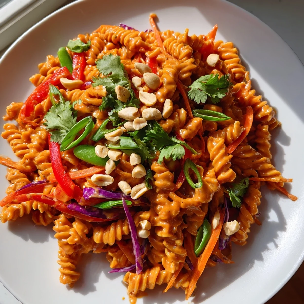 Warm bowl of Spicy Thai Pasta Salad drizzled with zesty chili peanut sauce