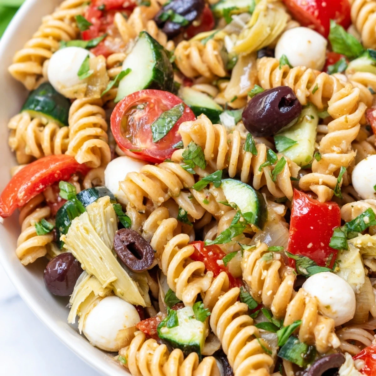 Colorful vegetarian Italian pasta salad loaded with fresh veggies and tangy vinaigrette in a rustic bowl