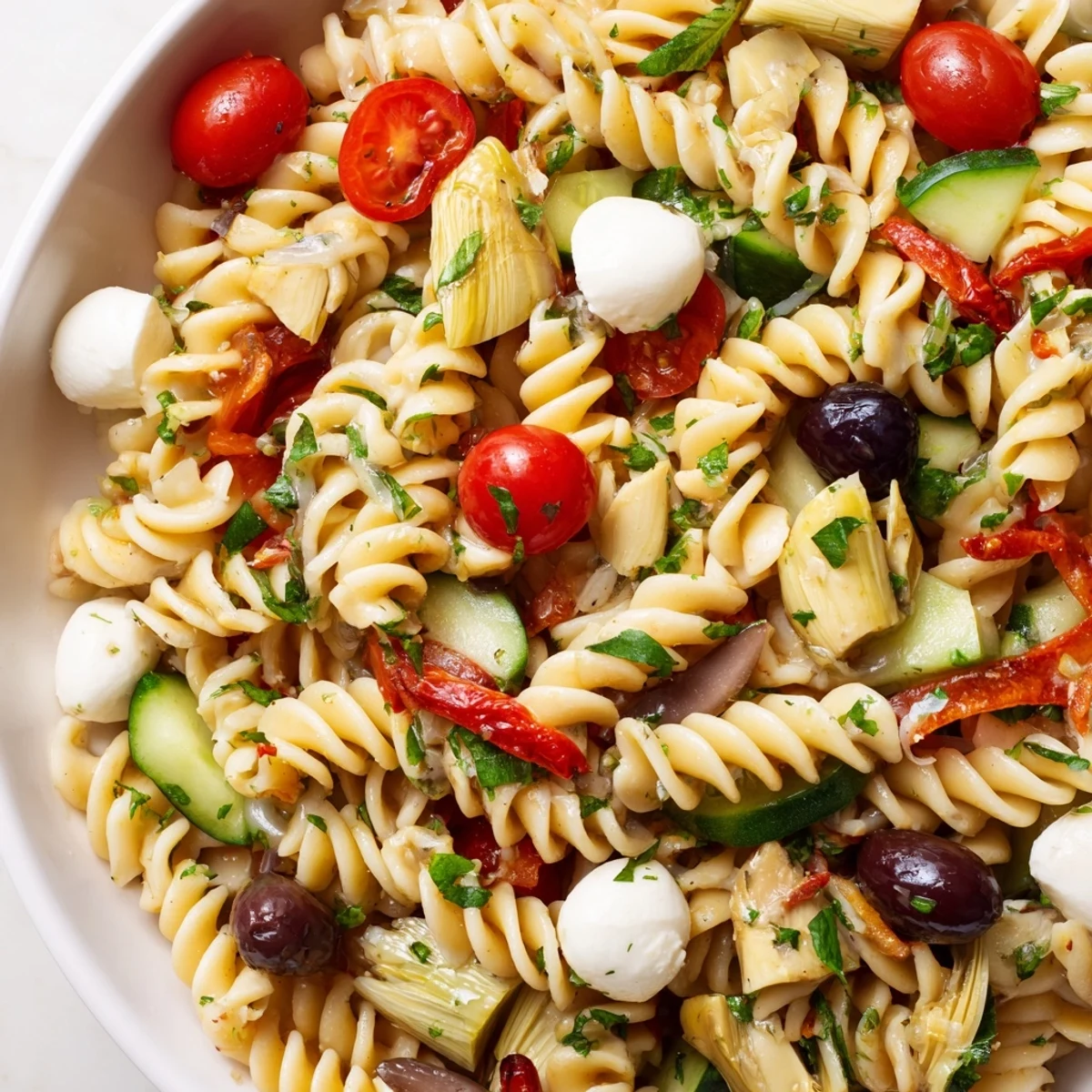 Vegetarian Italian pasta salad tossed with cherry tomatoes, mozzarella pearls, and fragrant fresh basil