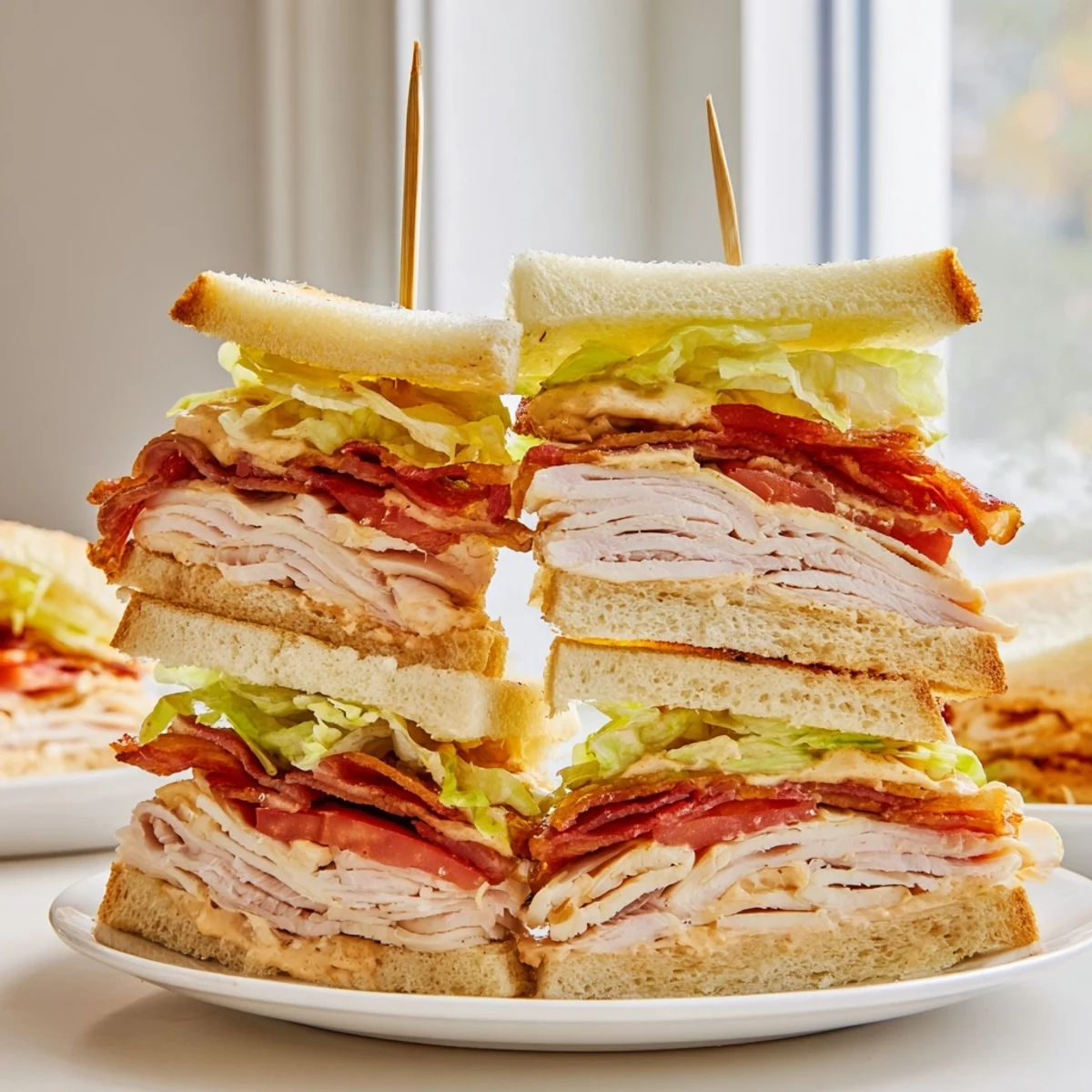 A classic club sandwich stacked high with roasted turkey, crispy bacon, and fresh lettuce on toasted bread