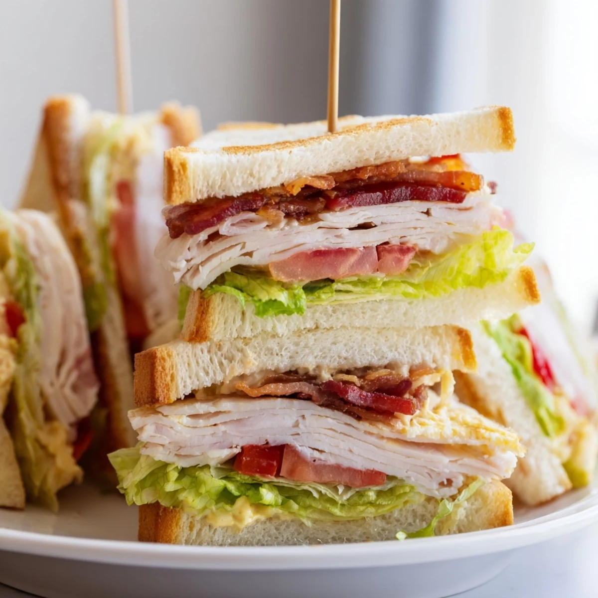 Triple-decker club sandwich layered with savory ham, ripe tomato slices, and creamy mayo on golden toast