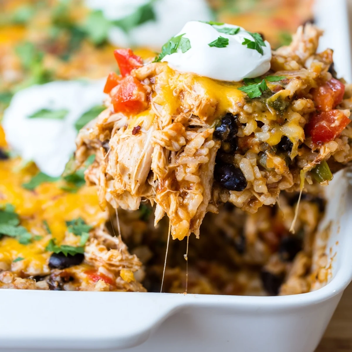Golden chicken burrito casserole bubbling with melted cheese in a baking dish