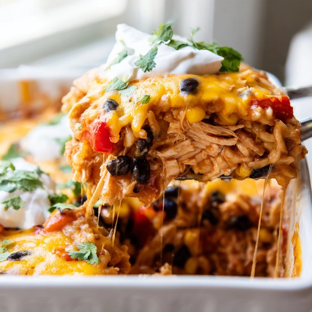 Steaming chicken burrito casserole topped with sour cream and fresh cilantro