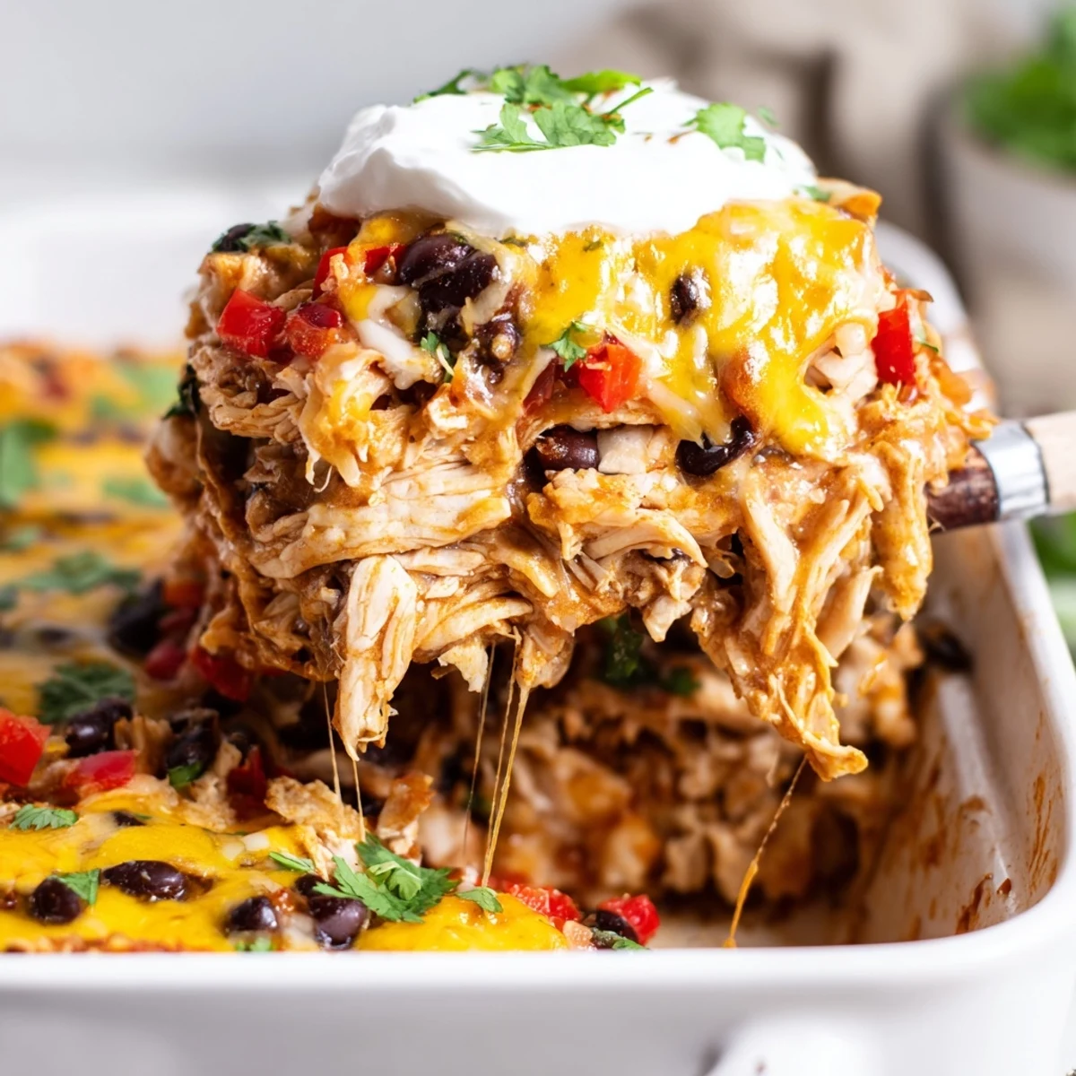 Creamy chicken burrito casserole layered with beans rice and gooey cheddar