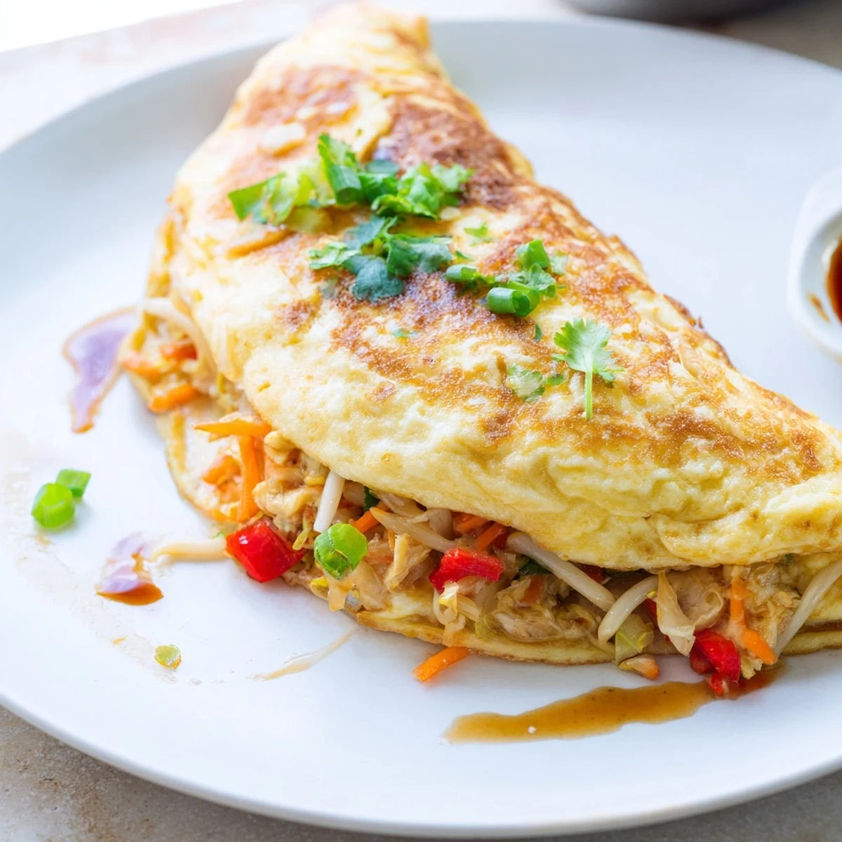 Golden Chinese omelette folded over crisp vegetables and drizzled with sesame soy sauce
