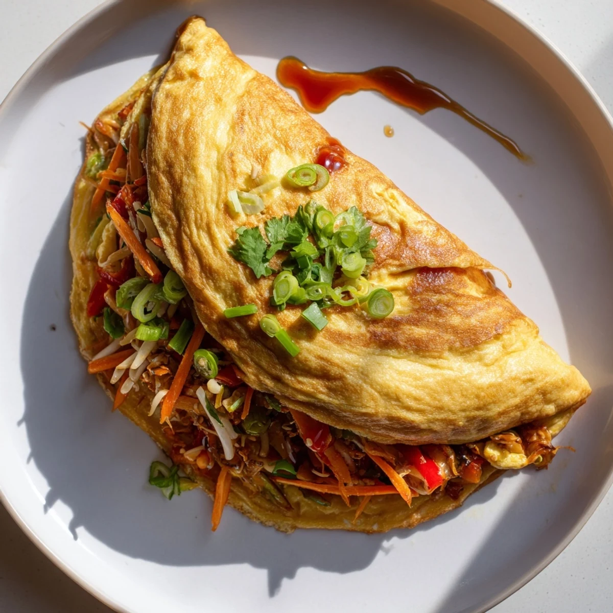 Fluffy Chinese omelette loaded with colorful bell peppers, bean sprouts, and fresh scallions