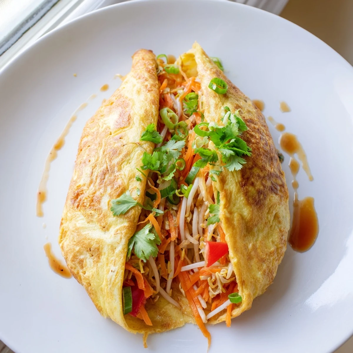 Savory Chinese omelette garnished with cilantro and served steaming hot on a white plate
