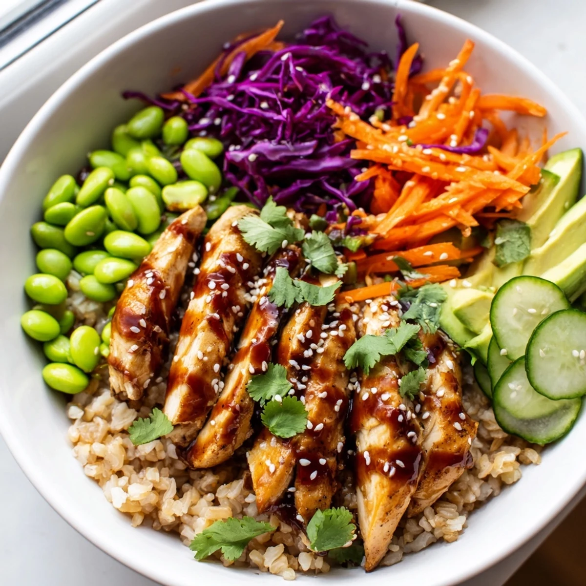 Fresh Asian Inspired Chicken Power Bowl topped with avocado edamame and scallions
