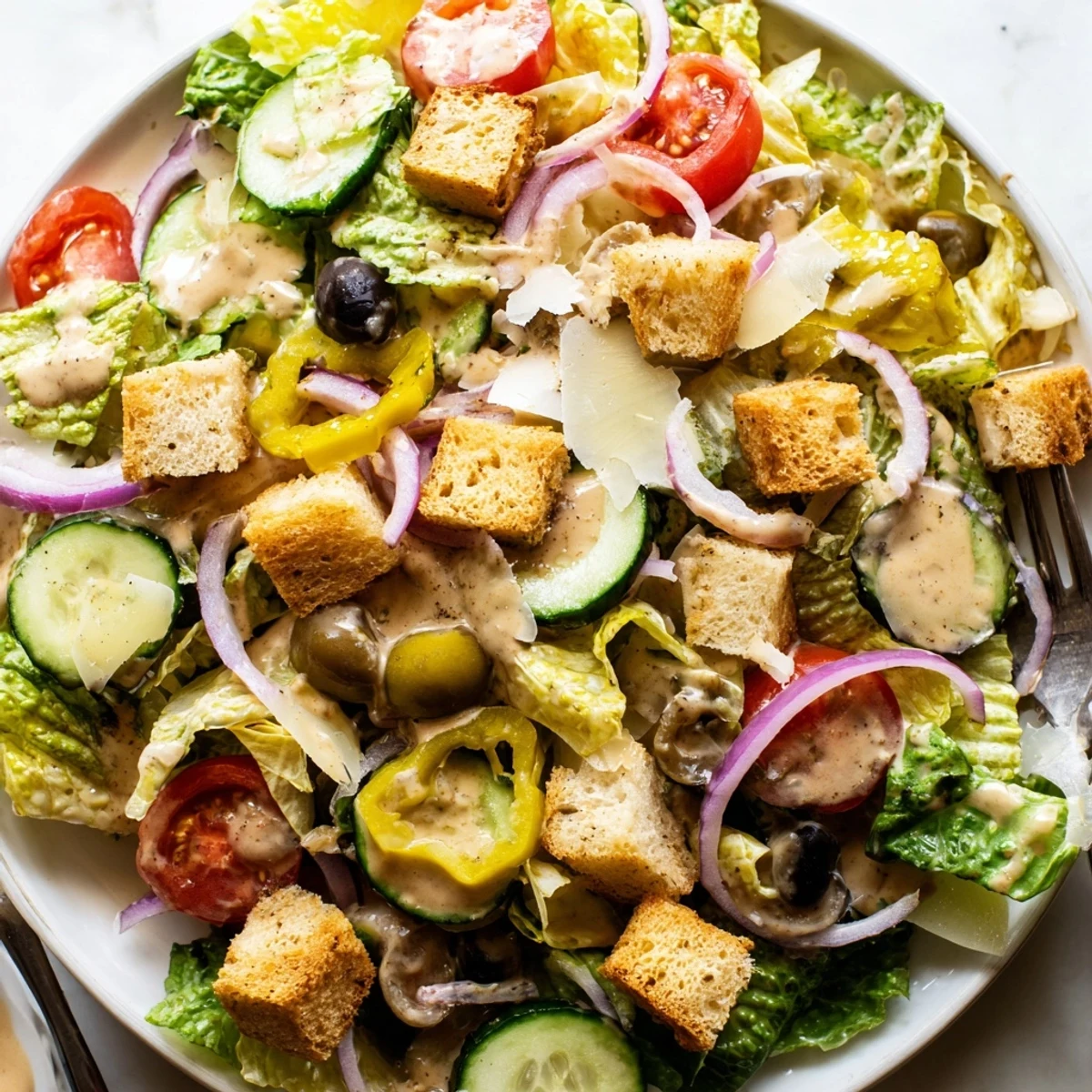 Crisp Olive Garden Salad topped with croutons, Parmesan, and creamy Italian dressing