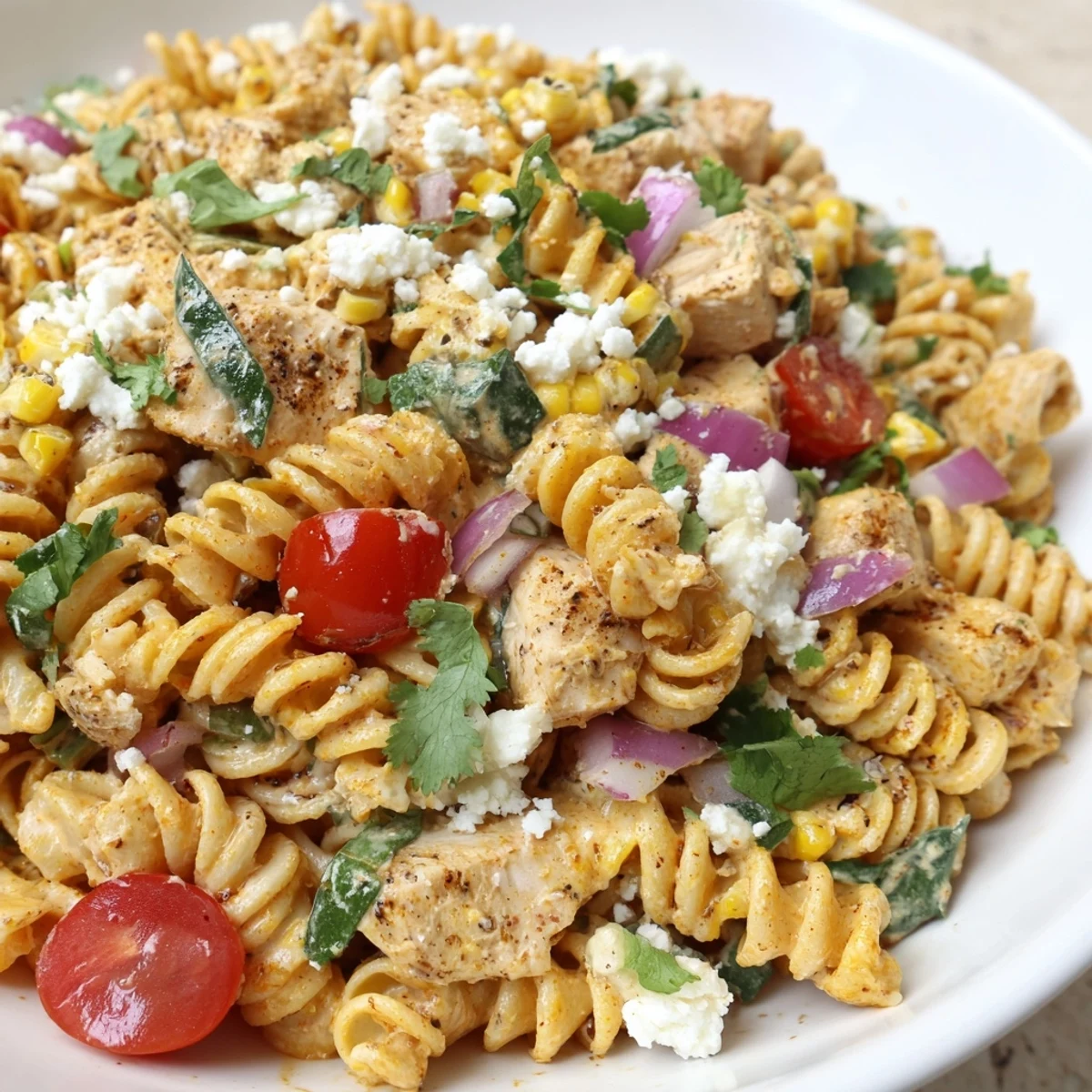 A creamy bowl of Mexican Street Corn Chicken Pasta Salad topped with crushed tortilla chips and crumbled Cotija cheese