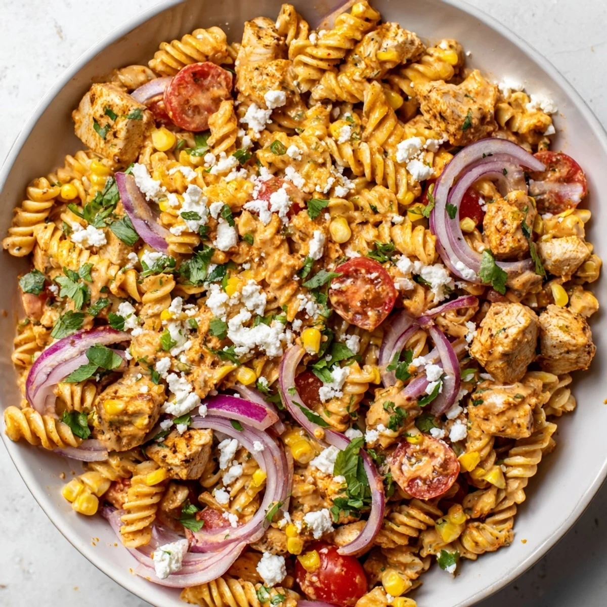 Mexican Street Corn Chicken Pasta Salad served in a vibrant dish with charred corn, juicy tomatoes, and zesty lime dressing