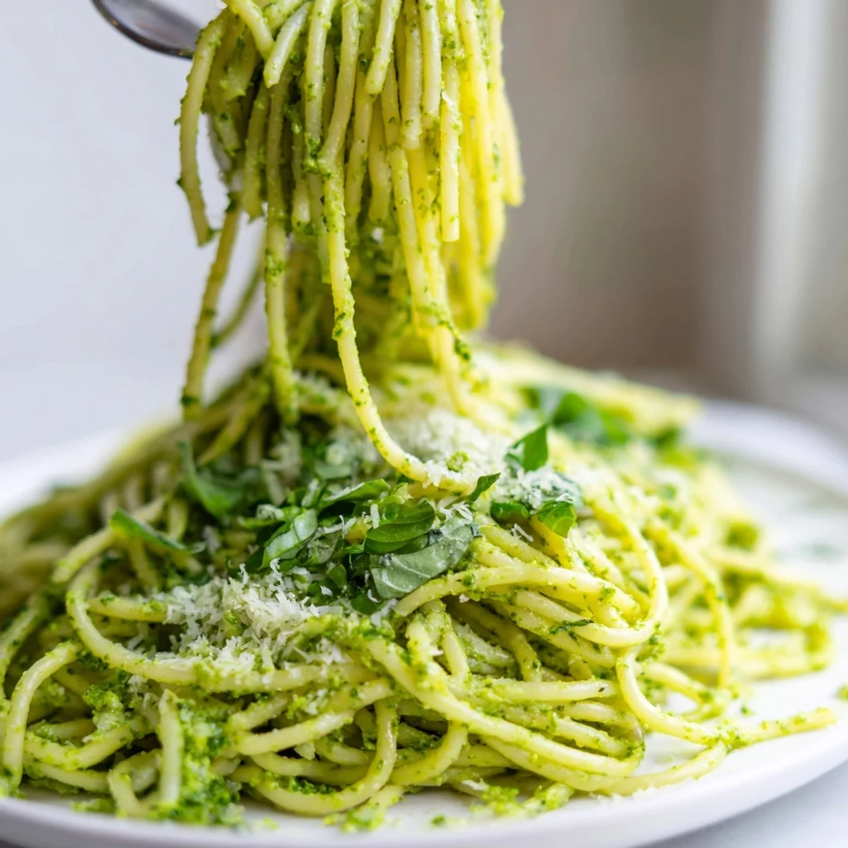 Creamy green goddess pasta sauce coated over al dente noodles with fresh herb garnish
