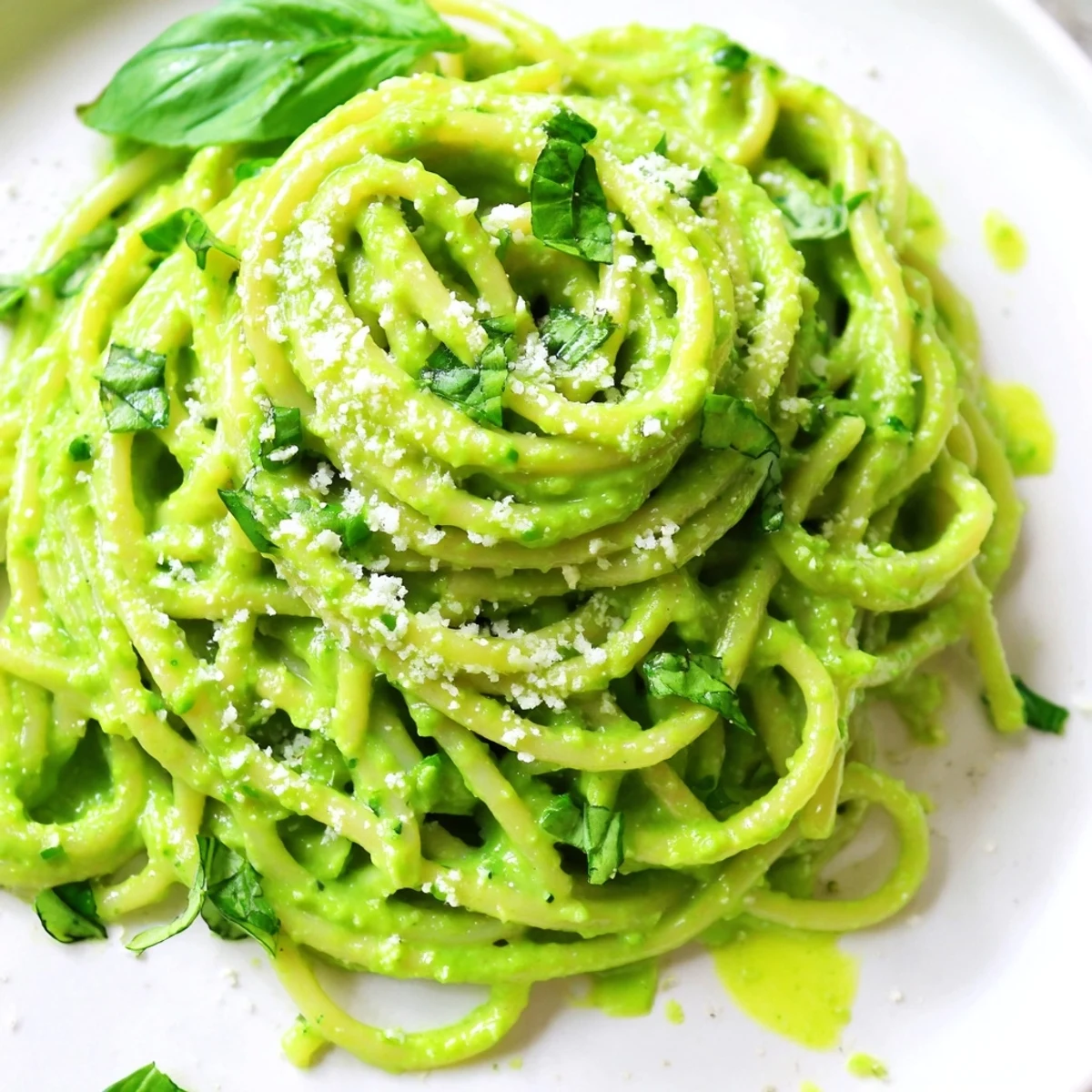 Luscious green goddess pasta sauce tossed with spaghetti and topped with grated Parmesan cheese