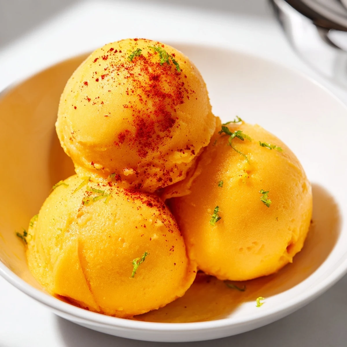 Smooth dairy-free Creamy Chili Lime Mango Sorbet topped with a dusting of chili