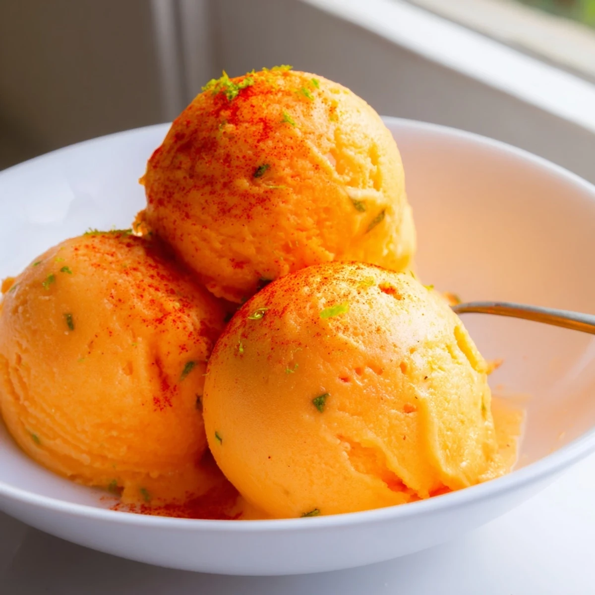 Velvety Creamy Chili Lime Mango Sorbet scooped into golden swirls with lime zest