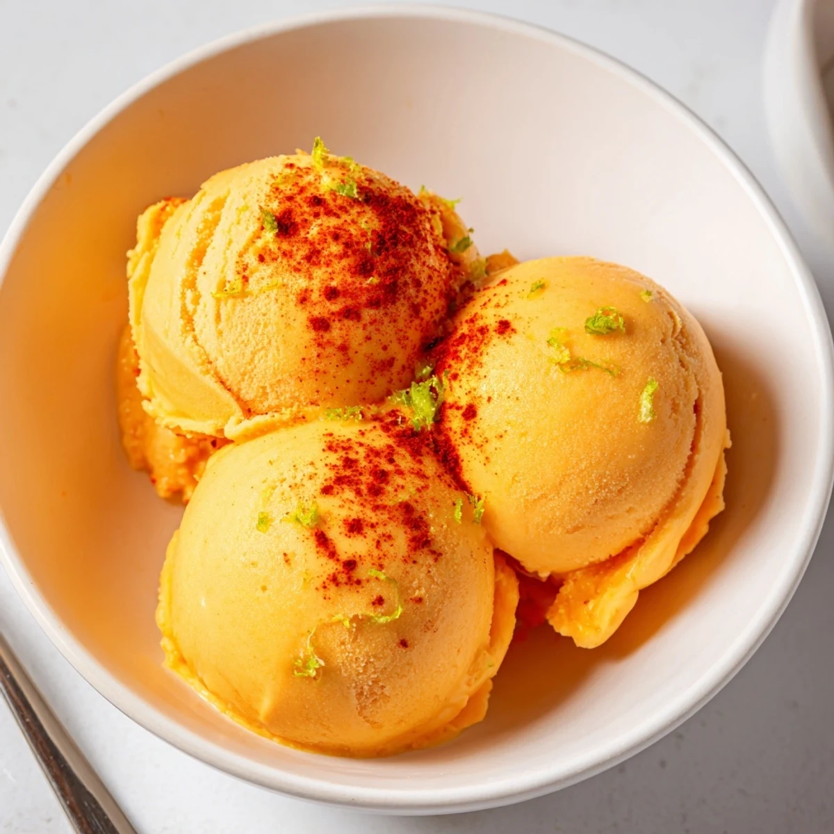 Creamy Chili Lime Mango Sorbet in a bowl, garnished with fresh lime wedges