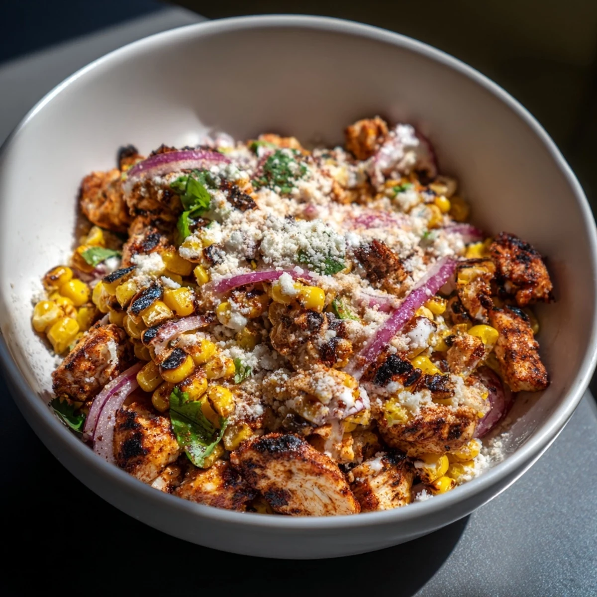 High protein chicken street corn salad bowl featuring grilled chicken, charred corn, and tangy cotija