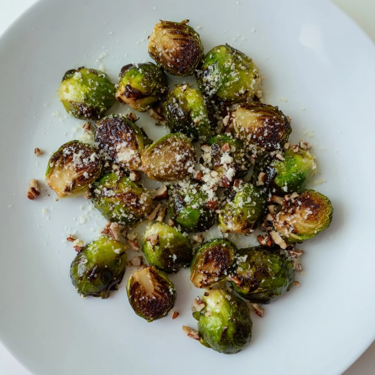 Crisp halved sprouts drizzled with tangy balsamic honey glaze on a white serving plate.