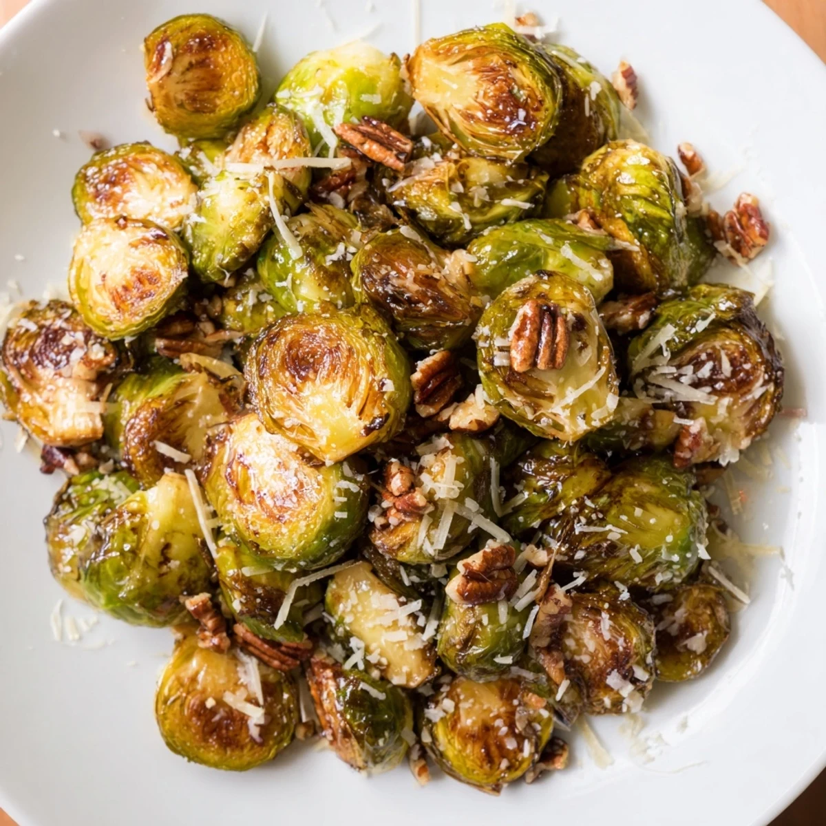 Delicious Honey Balsamic Brussels Sprouts side dish featuring toasted pecans and grated Parmesan cheese.
