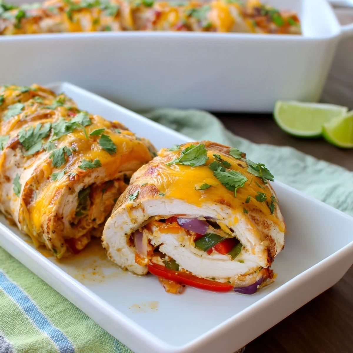 Golden brown baked chicken fajita roll ups stuffed with colorful peppers and melty cheese  