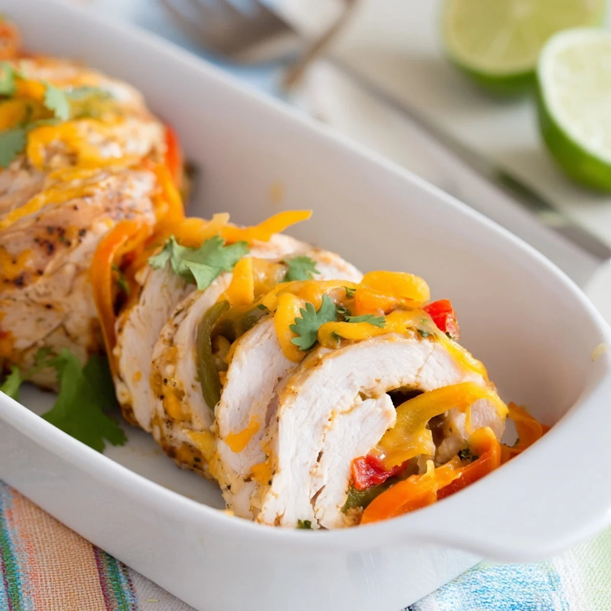 Sliced baked chicken fajita roll ups garnished with fresh cilantro and lime wedges  