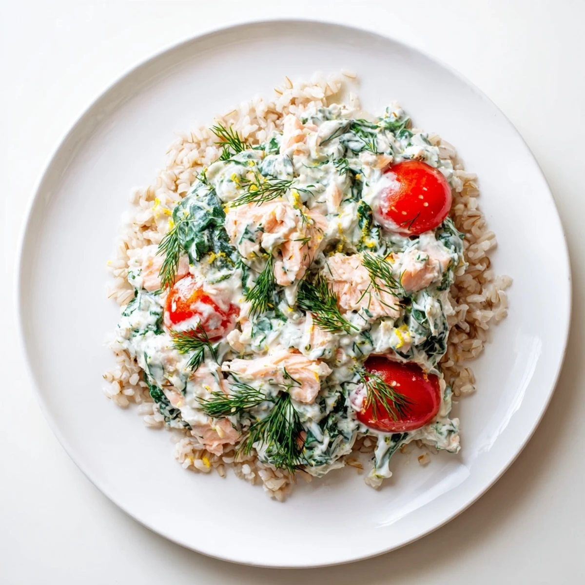 Creamy leftover salmon recipe with spinach and tomatoes served over brown rice