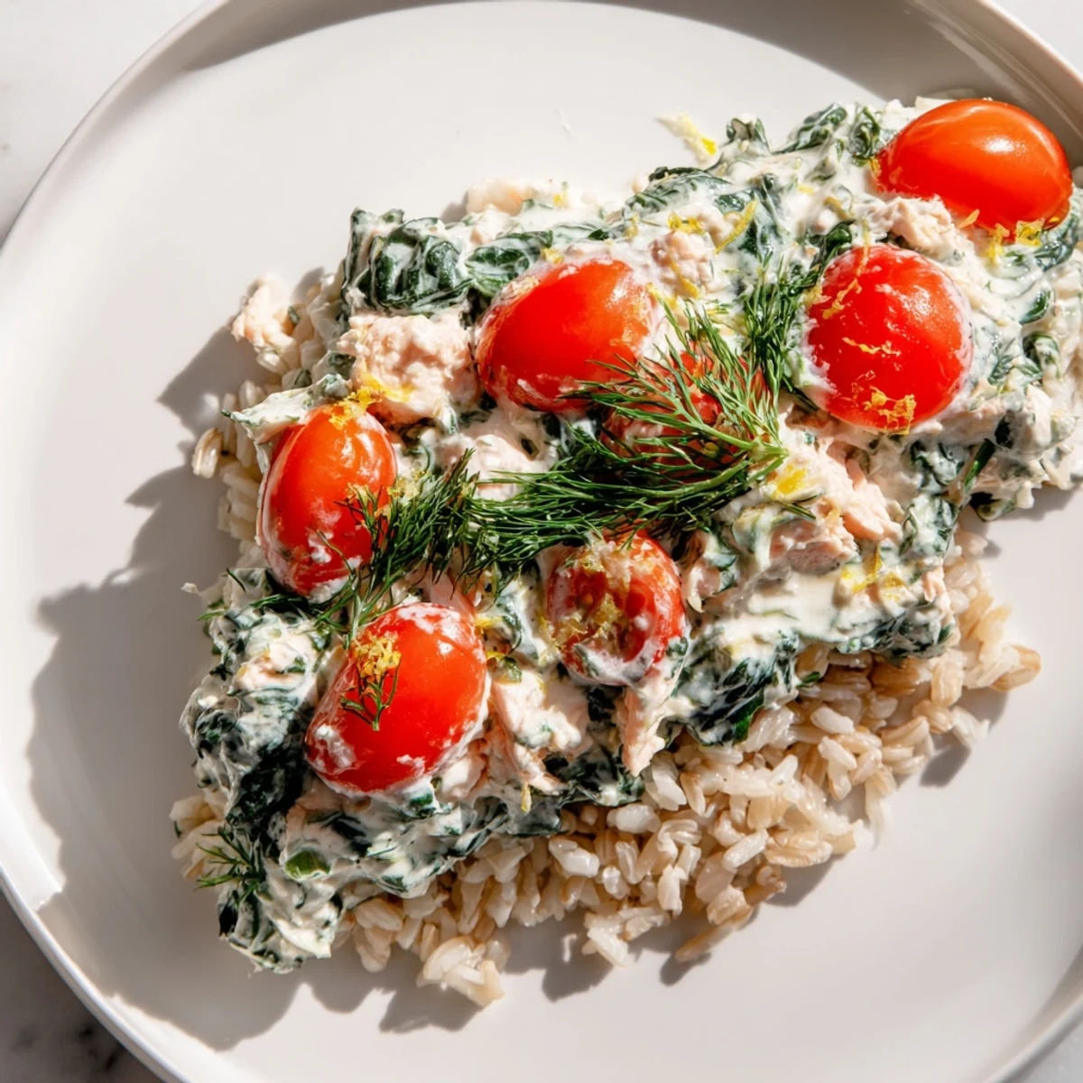 Savory healthy creamy leftover salmon recipe plated with pasta in a white sauce
