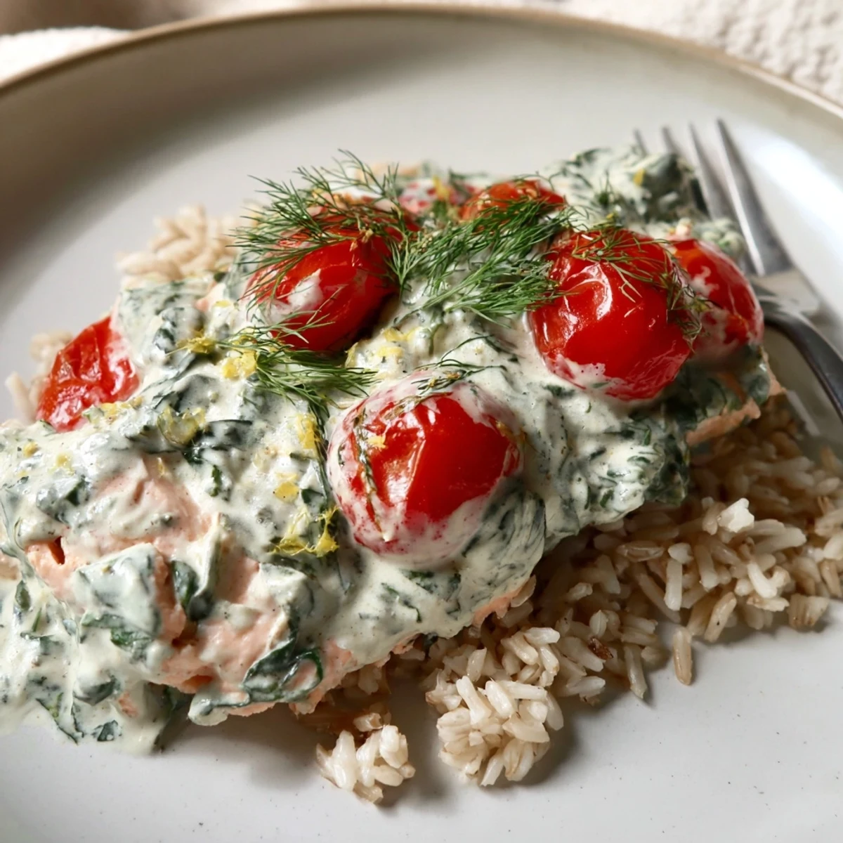 Garnished bowl of healthy creamy leftover salmon recipe featuring fresh dill and lemon
