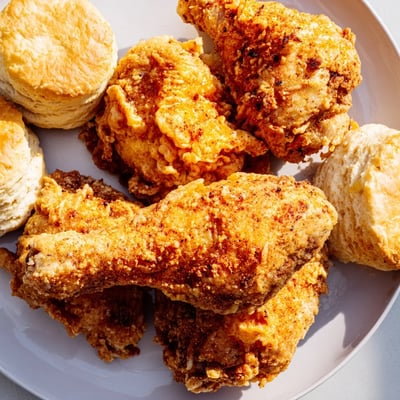 Freshly baked golden Southern Fried Chicken with Buttermilk Biscuits are served with a side of creamy gravy and honey butter.  