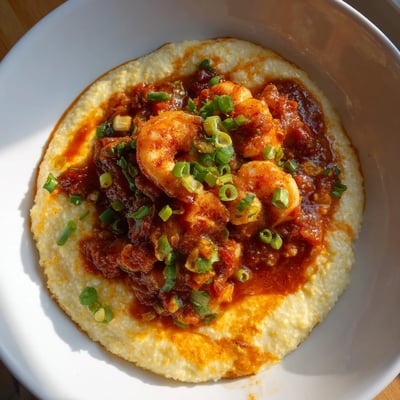 Close-up of Creole Shrimp and Grits with tender shrimp nestled in savory gravy over soft, creamy stone-ground grits, ready to serve hot.