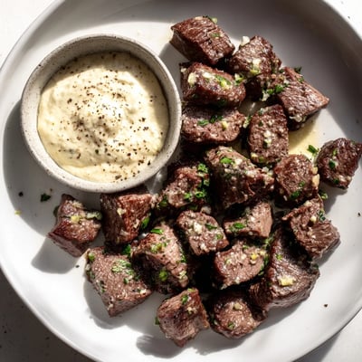 Tender sirloin cubes seared in a skillet with garlic and butter, served with a zesty horseradish cream sauce for dipping.
