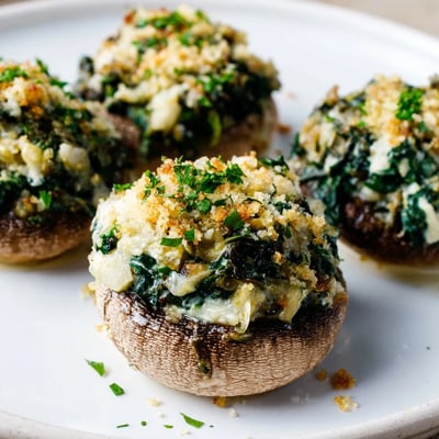 Tender mushroom caps topped with breadcrumbs hold a savory spinach and cheese filling on a rustic baking tray.