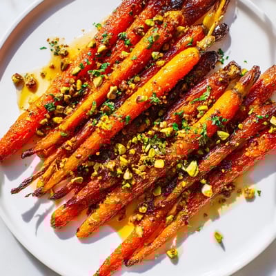 A close-up of tender, caramelized roasted carrots drizzled with golden honey and topped with crunchy green pistachios.