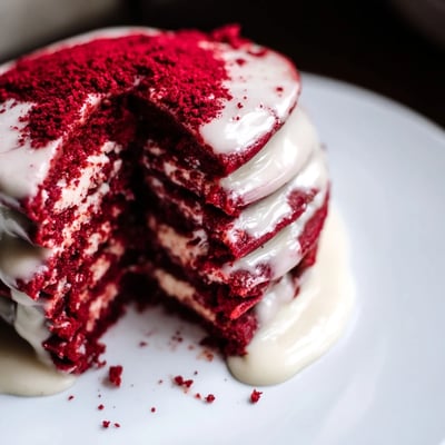 A close-up view of golden-edged red velvet pancakes drizzled with thick, luscious cream cheese glaze for a decadent breakfast treat.