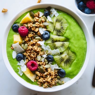 Thick, creamy Shamrock Green Smoothie Bowl in a white bowl, garnished with sliced kiwi, coconut flakes, and crunchy pumpkin seeds.